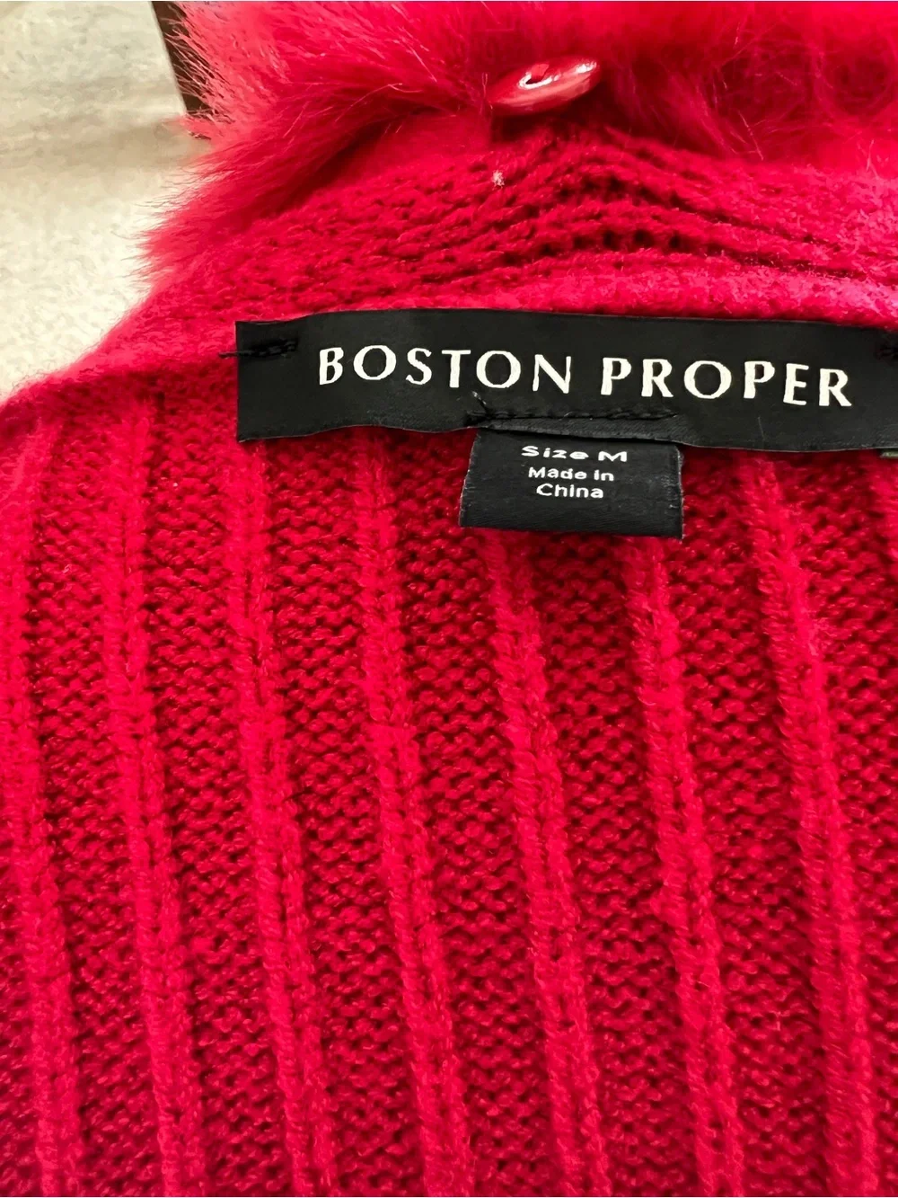 Boston Proper Vibrant Red Ribbed Faux Fur Collar Cardigan - Picture 4 of 4